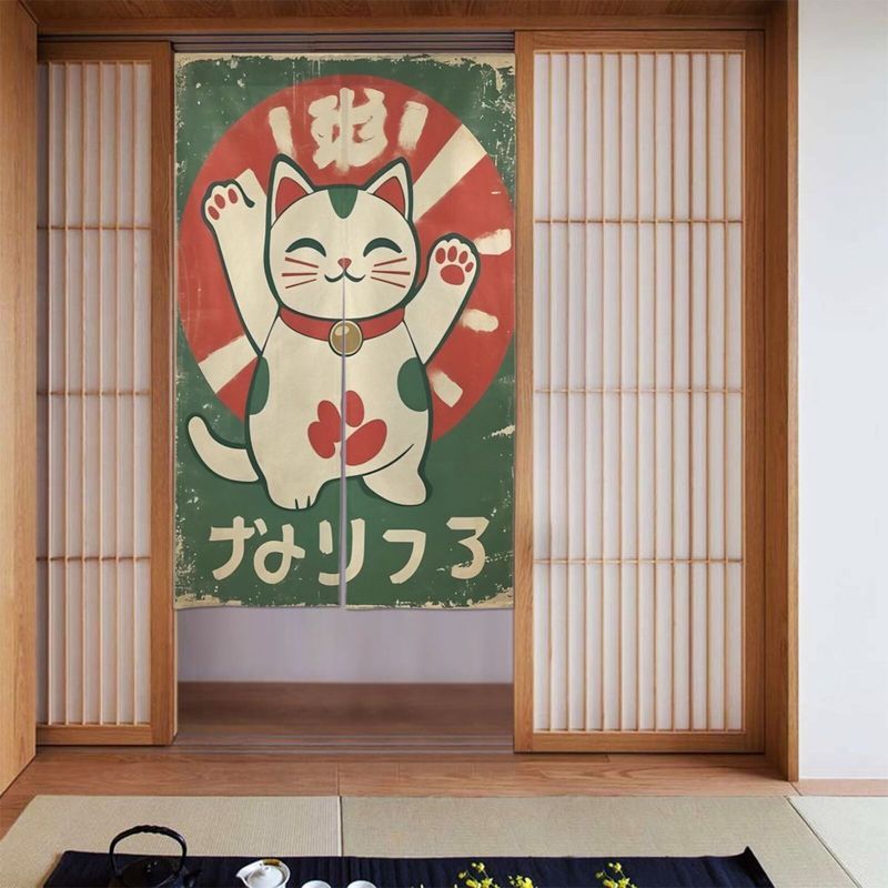 Noren Curtain Doorway - VIKAMA Retro Green Maneki Neko Doorway